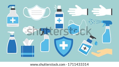 Hygiene. Disinfectant, antiseptic, hand sanitizer bottles, medical mask, washing gel, spray, wipes, antibacterial soap, gloves, napkins. PPE personal protective equipment. Medical insurance. Vector