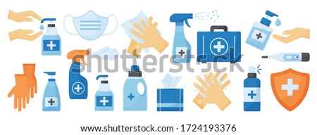 Disinfection. PPE icon. Hand hygiene. Set of hand sanitizer bottles, medical mask, washing gel, spray, wipes, liquid soap, gloves, first aid kit, thermometer. Personal protective equipment. Vector