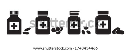 Drugstore. Medicine bottles and pills. Medicaments isolated on white background. Vector illustration