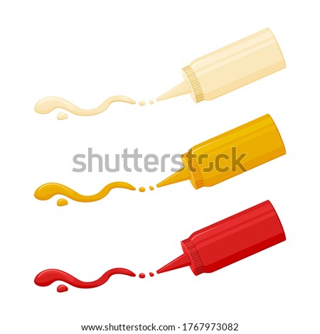 Sauce icon, mayonnaise, mustard and ketchup. Hot spice sauce packed in plastic bottle. Vector illustration
