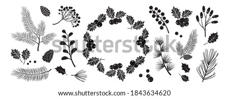 Christmas vector black decor elements. Wreath, holly berry, winter plants, christmas tree, pine, leaves branches isolated on white background, winter illustration.