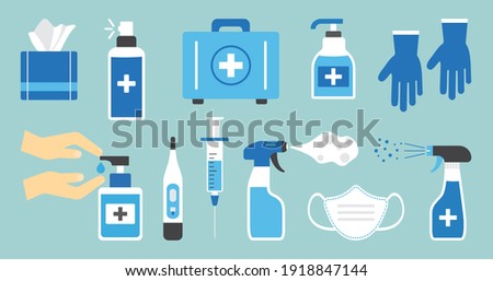 Disinfect vector icon. Hygiene. Antiseptic, hand sanitizer bottles, medical mask, wash gel, spray, wipes, antibacterial soap, gloves, napkins. PPE personal protective equipment. Health illustration