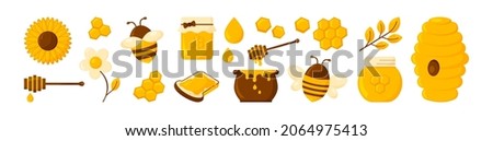 Honey vector set, bee and jar, flowers, honeycomb and pot icons isolated on white background. Cartoon gold illustration