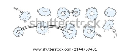 Speed vector blue clouds. Catroon motion puff effect explosion bubbles, jumps with smoke or dust. Fun illustration