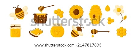 Honey vector set, cartoon bee, honeycomb, pot, hive, jar, flower, food. Sweet product set isolated on white background. Cute apiary illustration