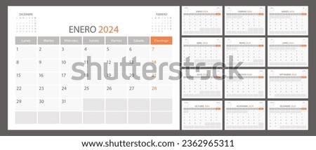 Spanish calendar planner 2024 vector, schedule month calender,  organizer template. Week starts on Monday. Business personal page. Modern simple illustration