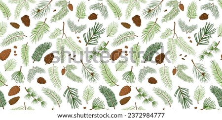 Fir and pine cone vector seamless pattern, branch tree  tree and cone, evergreen spruce, Christmas and New Year background. Cartoon xmas decoration. Holiday nature illustration