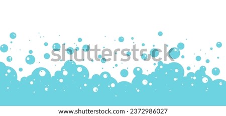 Cartoon soap bubble blue background, bath foam frame, shower water pattern, laundry transparent suds. Abstract wash vector illustration