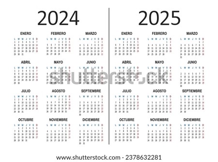 Spanish calendar 2024 2025 years. Week starts on Monday. Vector illustration