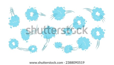 Cartoon cloud jump icon, speed smoke, motion effect, whoosh blue trail, poof vector set. Fast illustration isolated on white background