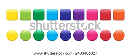 Glossy button vector icon, glass web badge, color rainbow 3d bubble isolated on white background. Colorful gradient pin set. Rounded shiny illustration