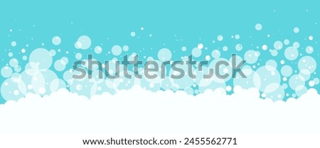 Cartoon foam bubble background, bath soap border, blue shower water pattern, laundry white suds. Abstract washing vector illustration