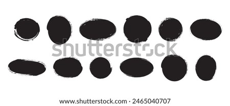 Oval and circle sketch shape, round charcoal marker, ink paint brush, grunge organic blob, irregular stain, black stroke spot isolated on white background. Abstract simple vector illustration