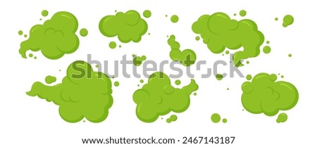 Fart smell cloud, bad gas bubble, toxic smoke, cartoon stink breath, poison steam, odour and spray isolated on white background. Aroma sound effect set. Comic vector illustration