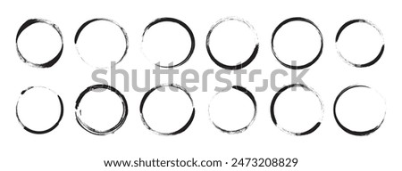 Grunge circle stain, coffee ring, cup ink mark, black round trace line art, charcoal brush outline design isolated on white background. Chalk paint vector illustration