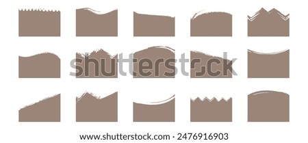 Separator header shape, torn paper set, template design top page website, divider header web banner, border curve, section grunge frame on white background. Trendy color 2025 year. Vector illustration