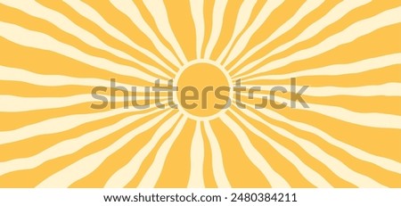 Sun groovy background, summer retro radial burst, yellow graphic wavy. Abstract trendy sunshine poster. Cartoon light beam print. Vintage boho pattern. Modern vector illustration