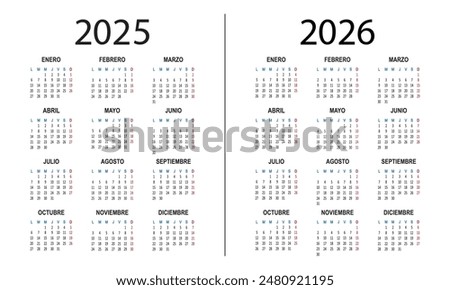 Spanish calendar 2025 2026 years. Week starts on Monday. Simple vector illustration