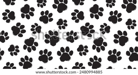 Paw print seamless pattern, cat, dog foot, animal sketch background. Animal step texture. Bear, panda, tiger grunge stamp repeat foot track wallpaper. Cartoon monochrome bg. Black vector illustration