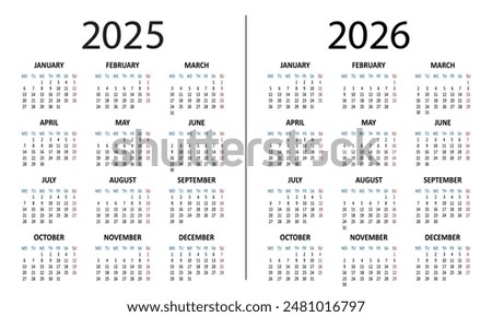 Calendar 2025 2026 years. Week starts on Monday. Simple vector illustration