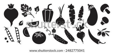 Cartoon vegetable icon, black silhouettes. Tomato, broccoli, carrot, onion, radish, corn, beetroot, pepper, cucumber, potato, mushroom, eggplant, pea, olive. Organic food. Farm vector illustration