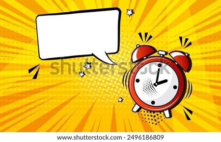 Comic alarm clock with speech bubble, watch sound effect and text cloud in pop art style. Cartoon funny sticker on yellow background. Vector illustration