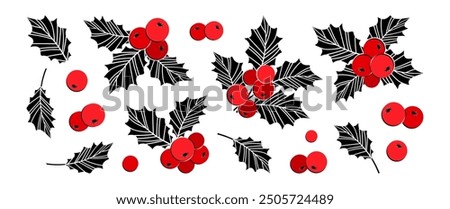 Christmas holly berry icon, mistletoe and leaf,  New Year ilex branch, xmas plant set isolated on white background. Holiday nature decoration, black and red colors. Cartoon vector illustration