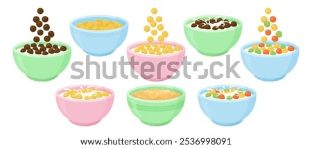 Cereal bowl milk breakfast, cornflakes yogurt, kids food, porridge and oatmeal, fruit and chocolate granola plate, wheat muesli, healthy eating isolated on white background. Sweet vector illustration