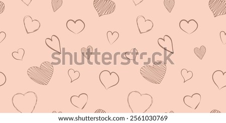 Heart shapes mocha mousse color seamless pattern, love background for Valentines Day. Trendy colour pantone 2025 year. Cute holiday line art. Vector illustration