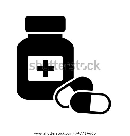 Drugstore. Medicine bottle and pills. Medicament. Black and white icon. Vector illustration