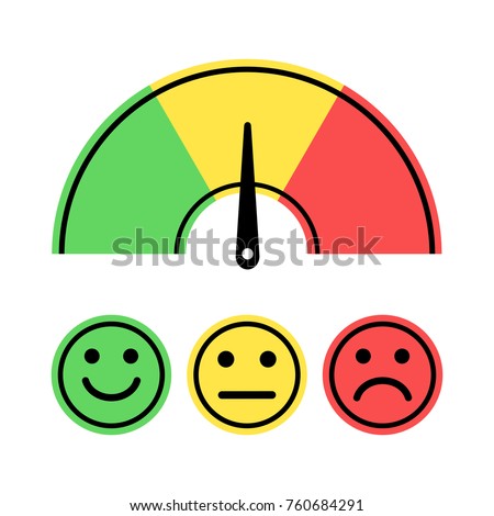 Scale with arrow from green to red and smile face icons. Evaluation icon. Colored scale of emotions. Measuring device sign. Vector illustration