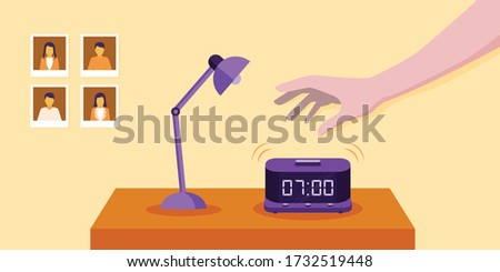 The young man is getting up and turn off the alarm to prepare to continue his daily mission.
Illustration about Turn off the alarm.