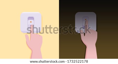 The young man shuts down and turns on the light in his own room.
Illustration about turn on and turn off switch.