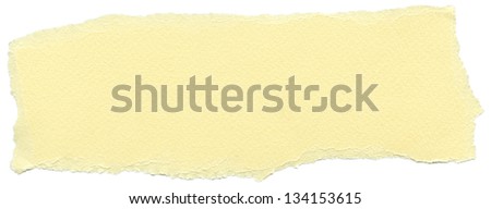 Texture of cream yellow fiber paper with torn edges. Isolated on white background.