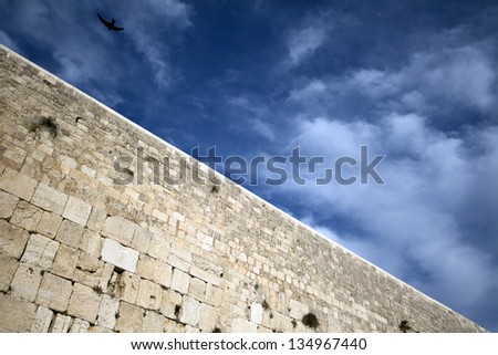A bird soaring above one of the most sacred places to the Jewish people - the Wailing Wall in the old city of Jerusalem, Israel.