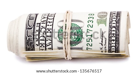 A bunch of 100 American Dollars money notes rolled up and held together with a simple rubber band. Isolated on white background.