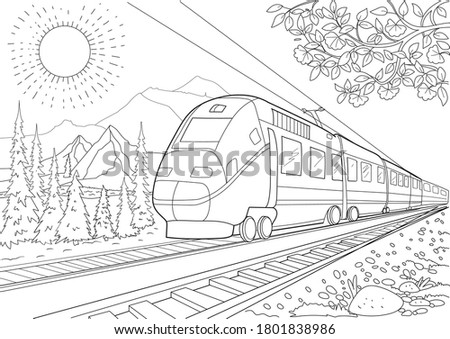 Model Train On Railroad Coloring Page.The mountains.