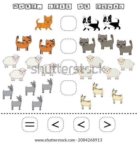 ​​Which is greater, less or equal game with funny pets. Worksheet for preschool kids, kids activity sheet, printable worksheet
