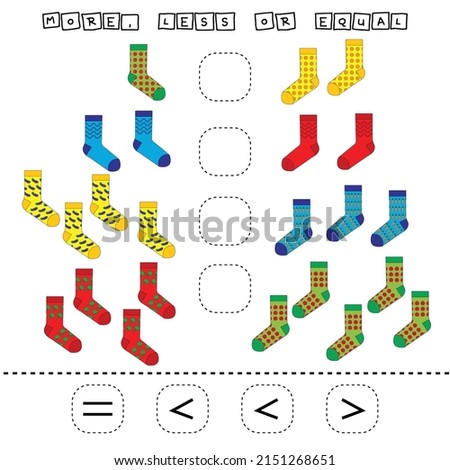 ​​Which is greater, less or equal game with  socks. Worksheet for preschool kids, kids activity sheet, printable worksheet
