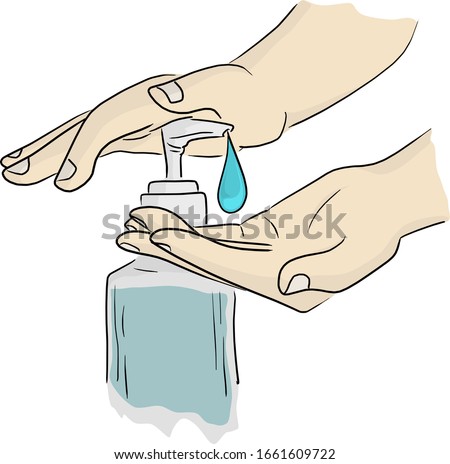 close-up hands using hand sanitizer gel pump dispenser vector illustration sketch doodle hand drawn isolated on white background