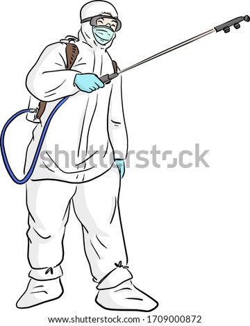 man in protective suit spraying disinfectant to cleaning and disinfect Covid-19 virus vector illustration sketch doodle hand drawn isolated on white background