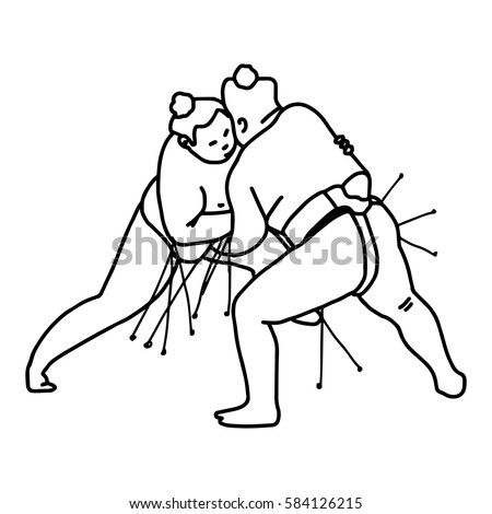Sumo wrestling fight - vector illustration sketch hand drawn with black lines, isolated on white background
