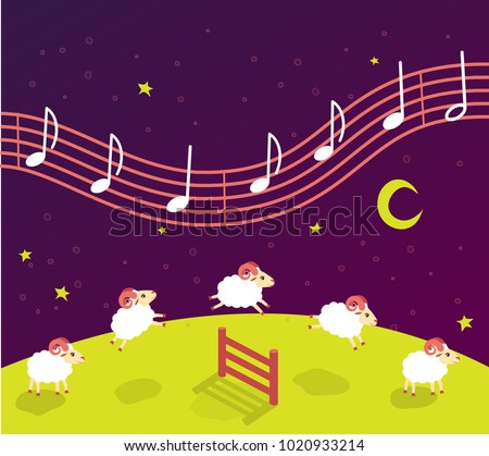 baby song lullaby before bedtime. Lambs jump over the fence. music in the starry sky. Vector