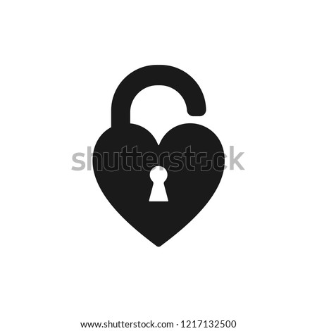 Black isolated icon of unlocked heart shape lock on white background. Silhouette of unlocked heart shape lock. Flat design