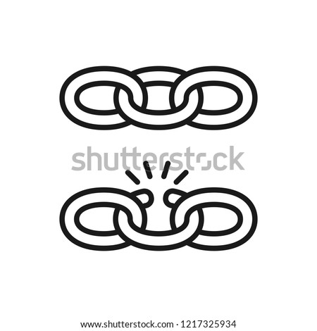 Black isolated outline icon of chain and broken chain on white background. Set of Line Icon of chain. Weak link.