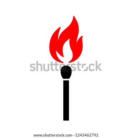 Black isolated icon of matchstick with red fire on white background. Silhouette of match stick with red flame. Flat design