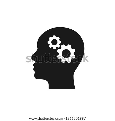 Black isolated icon of head of man and cogwheel on white background. Silhouette of head and gear wheel. Flat design.