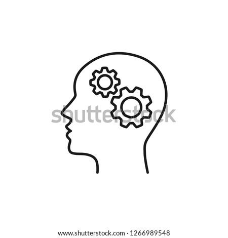 Black isolated outline icon of head of man and cogwheel on white background. Line icon of head and gear wheel.