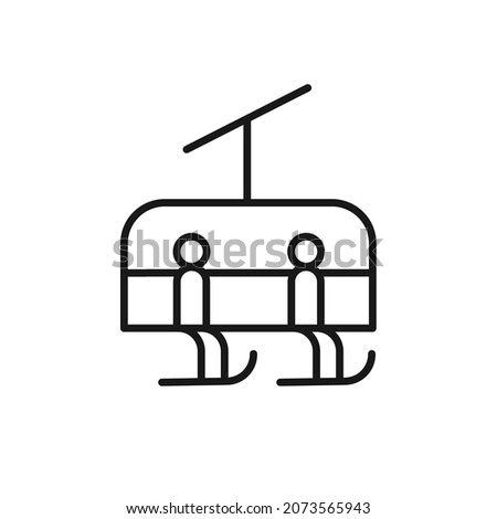 Isolated black line icon of skiers on chair lift on white background. Outline chair lift. Logo flat design. Winter mountain sport.