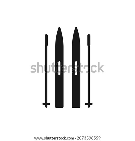 Isolated black icon of cross-country skiing on white background. Silhouette of pair ski with ski poles. Logo flat design. Winter sport.